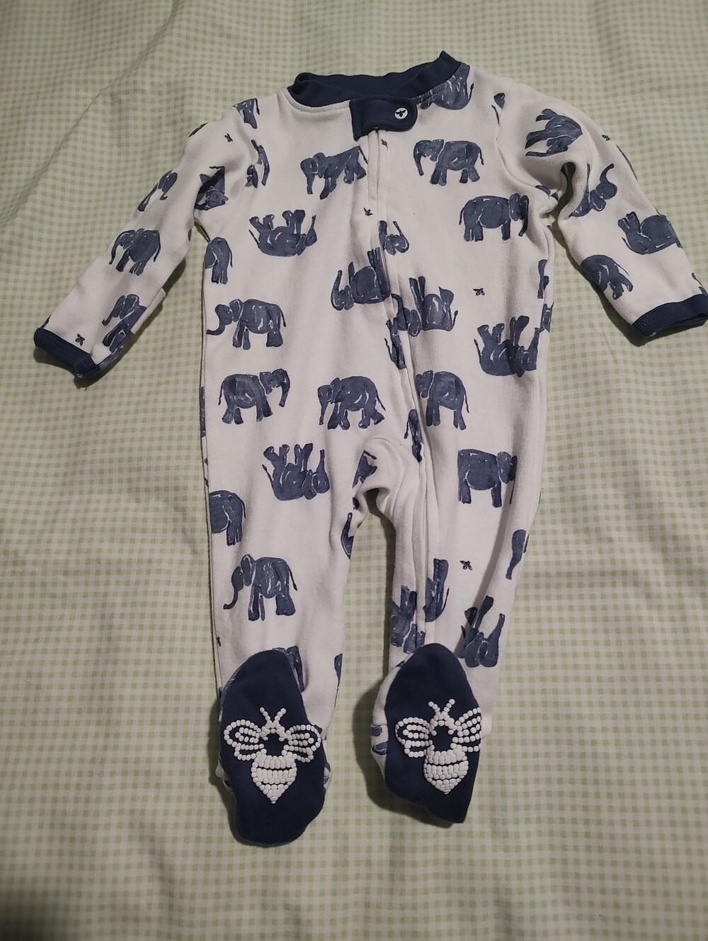 Burt's Bees White Footed One-Piece with Navy Elephant Print